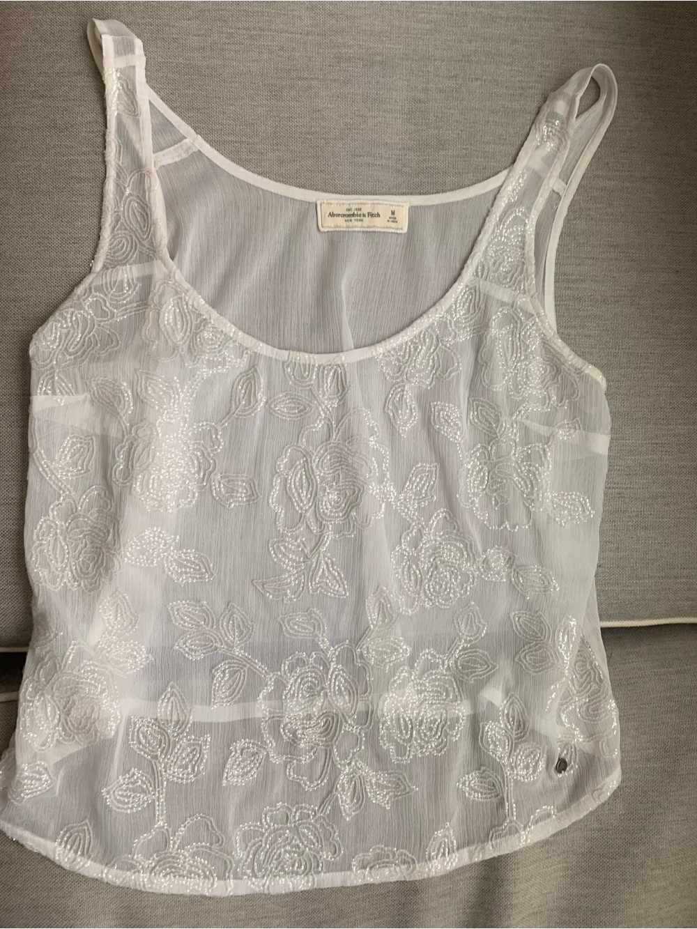 Abercrombie & Fitch White Sheer Beaded Floral Tank